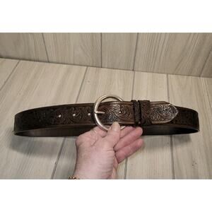Vintage Western Hand Tooled Brown Leather Belt Full Grain Womens Size L